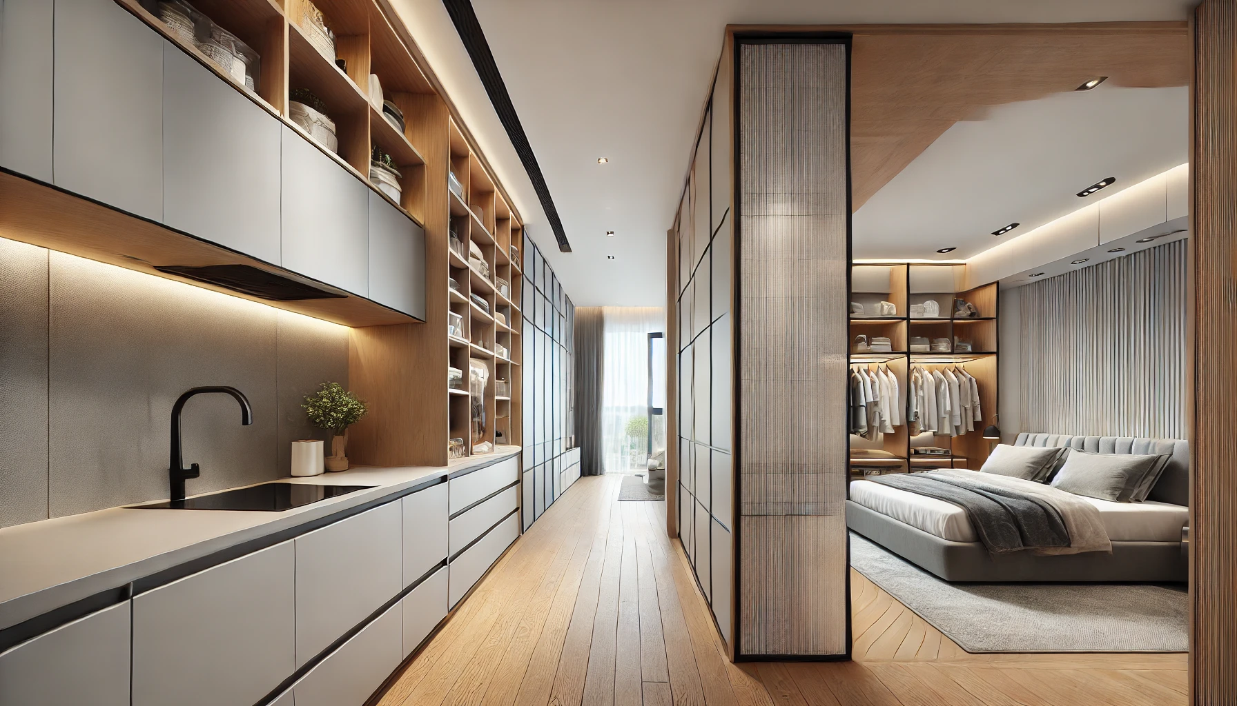 DALL·E 2025-04-03 11.42.41 - Wide-angle image showing a modern interior with custom-built cabinets and wardrobes. On one side, a sleek kitchen area with matte white cabinets, oak