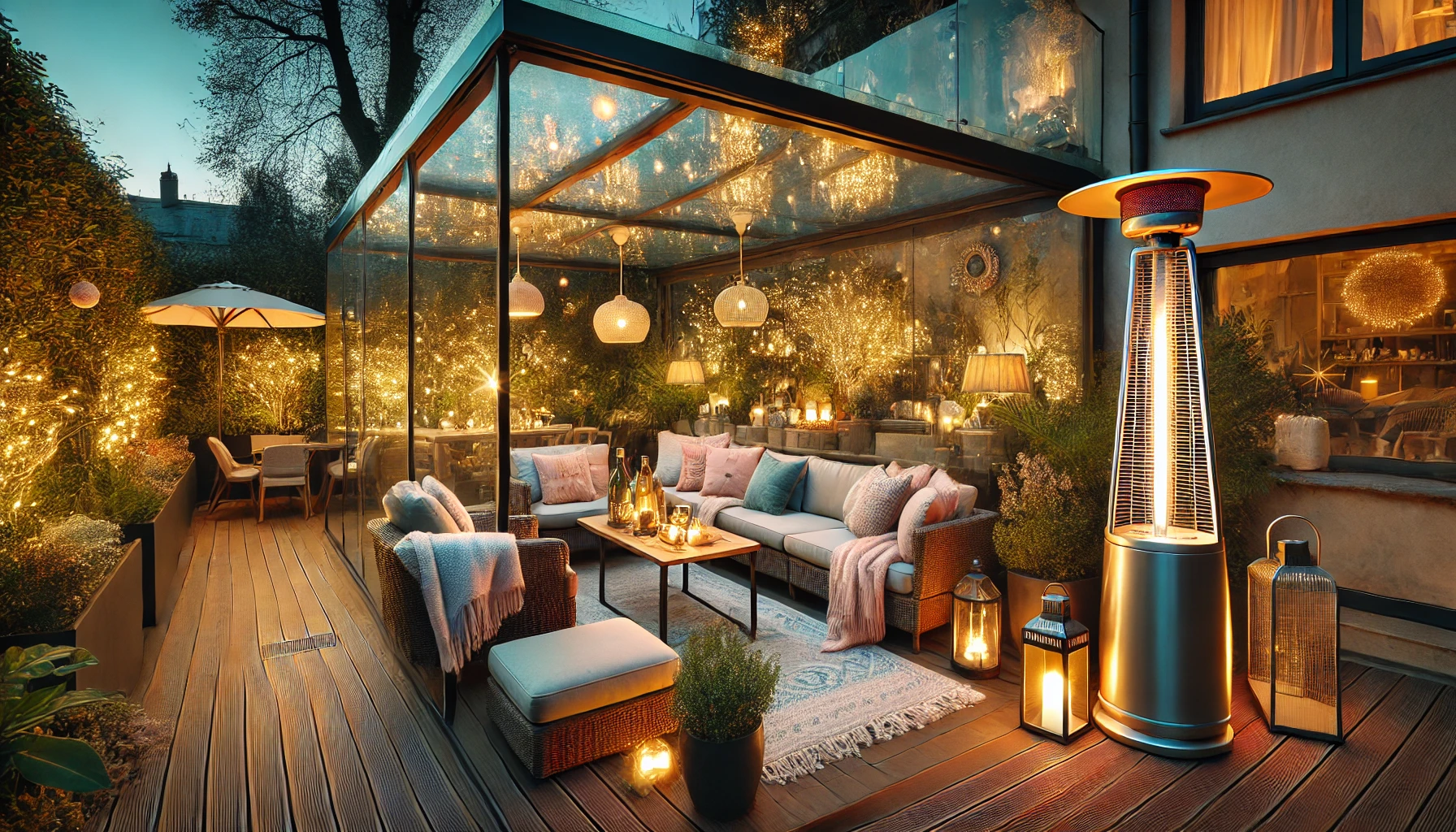 DALL·E 2025-04-03 12.40.42 - An elegant and cozy outdoor terrace during a chilly evening, with a modern gas patio heater glowing warmly. The terrace features comfortable outdoor s